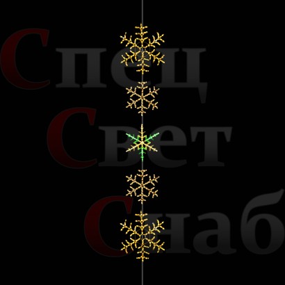 Световые Снежинки на уличную елку на нити 5 шт. Тепло-белые Зеленая 3 размера
